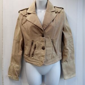 Zoompy Women's Distressed Ripped Denim Jean Jacket Khaki Tan Size L